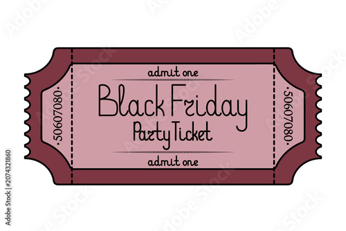 Black Friday party ticket Admit One. Red coupon. Handwritten lettering with a capital letter. Color vector illustration. Tear-off ticket with a number. Isolated on white background. 