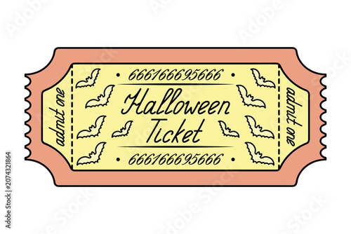 Halloween orange ticket. Admit one. Bats. Handwritten cursive lettering with a capital letter. Color vector illustration. Tear-off ticket with a number. Isolated on white background. 