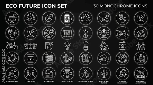 Eco-friendly future icon set with various monochrome illustrations