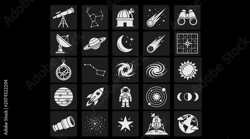 Astronomical icons depict various celestial objects and space exploration tools on a black background.