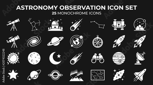 Astronomy observation icon set provides 25 monochrome illustrations of space objects and telescopes.