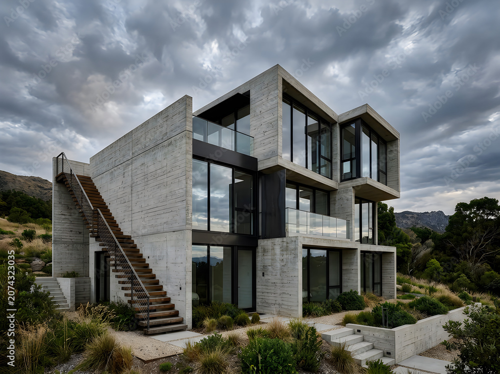 Fototapeta premium Modern concrete house with large windows and staircase on hillside with cloudy sky