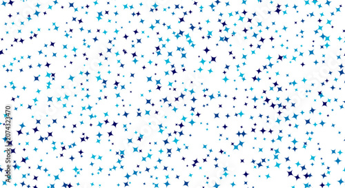 Abstract background with blue sparkling four point stars scattered on white surface.