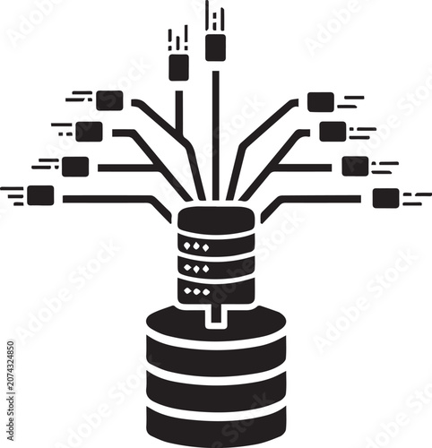 Vector illustration of a server with multiple connections and data transfer lines