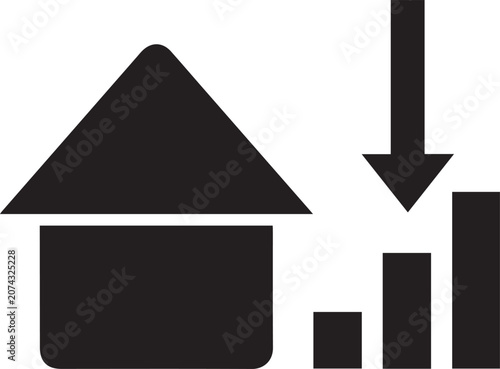 Black vector house icon with downward arrow and bar graph on transparent background