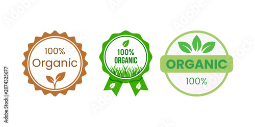 100% Organic Badge Set – Green Brown Leaf Ribbon Certified Natural Eco Seal Label Vector Illustration