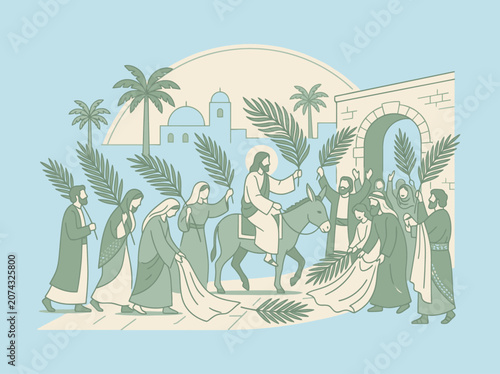 Φωτογραφία Illustration of a biblical scene with a man riding a donkey