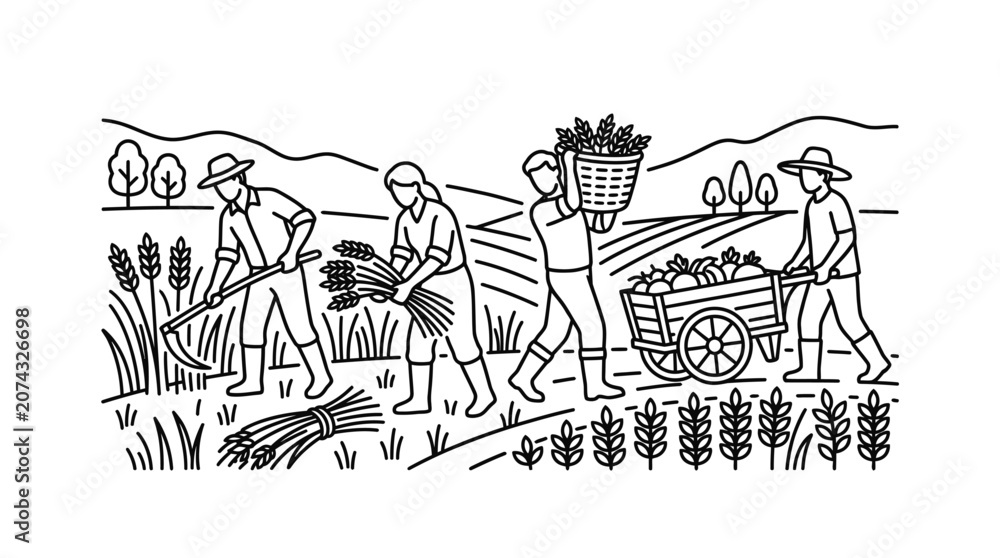 Fototapeta premium Farmers working in a field together.