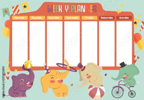 Photography Elephant circus illustration with weekly planner template colorful vector design