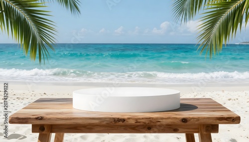Premium tropical beach background featuring turquoise ocean waves, palm leaves, blue sky, and an empty wooden table for product presentation
