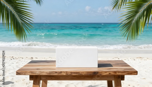 Premium tropical beach background featuring turquoise ocean waves, palm leaves, blue sky, and an empty wooden table for product presentation