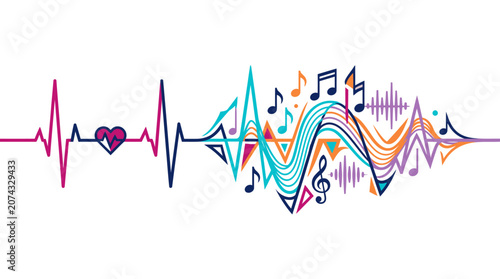 Colorful music waveform merging with heartbeat pulse line.