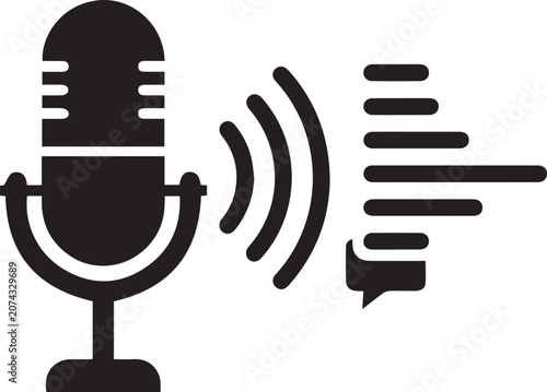 Black vector microphone icon with sound waves and speech bubble on transparent background