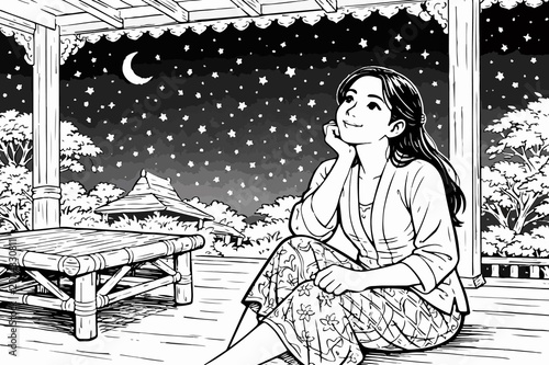 Photography A woman dreams beneath a sky full of stars line art illustration