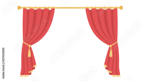 Elegant red curtains with golden tassels hanging from a simple rod, adding a touch of classic luxury to theatrical or interior design concepts.