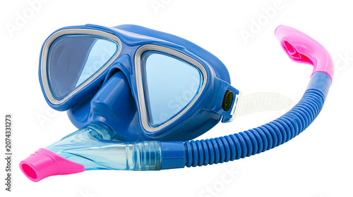Schilderij op canvas Blue snorkel mask with pink mouthpiece and clear tube