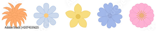 Collection of flowers. Flower inflorescence. Orange chrysanthemum, white chamomile, blue cornflower, yellow narcissus, pink gerbera. Color vector illustration. Isolated white background. Flat style.