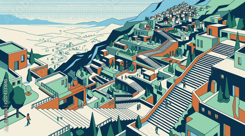 Stylized Terraced Hillside Town With Stone Steps.