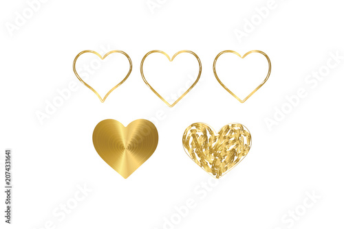 Golden heart vector set with elegant metallic outlines and brush textures