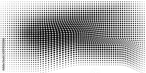 Abstract black and white halftone dots gradient background.