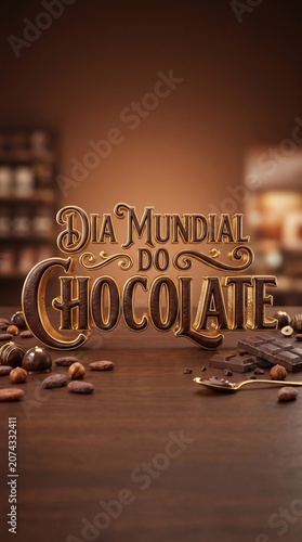 Frase tridimensional dourada com detalhes em chocolate para campanhas comemorativas elegantes do Dia Mundial do Chocolate em composição premium