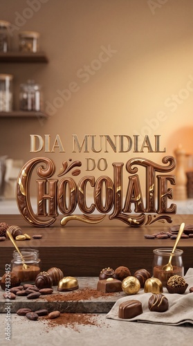 Frase tridimensional dourada com detalhes em chocolate para campanhas comemorativas elegantes do Dia Mundial do Chocolate em composição premium