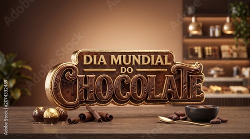 Frase tridimensional dourada com detalhes em chocolate para campanhas comemorativas elegantes do Dia Mundial do Chocolate em composição premium