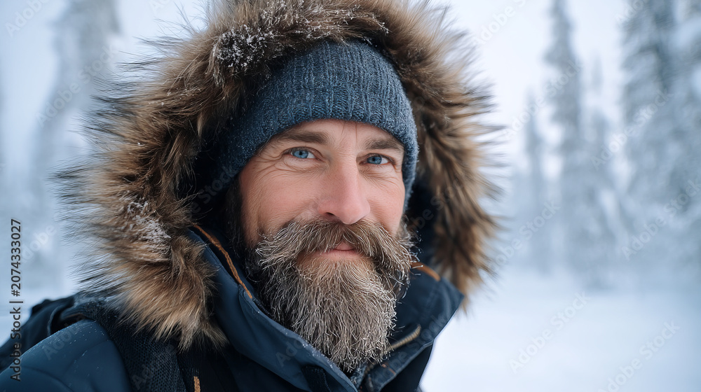 Fototapeta premium A young man smiles in a snowy winter forest. A guy walks outside in a park. Portrait of a man in the fresh air in winter. An active lifestyle in winter during vacation or holidays.