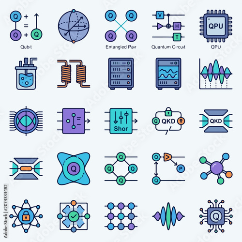 Quantum Computing and Physics Technology Flat Line Icon Set