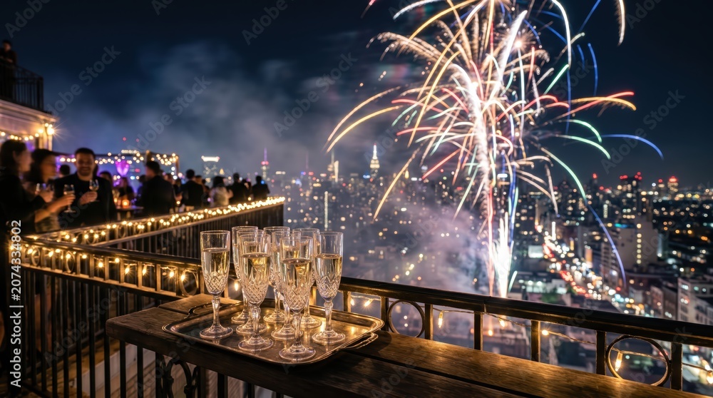 Fototapeta premium Rooftop balcony with tray of champagne glasses overlooking city skyline while fireworks explode at night; guests socialize at railing creating urban celebration atmosphere