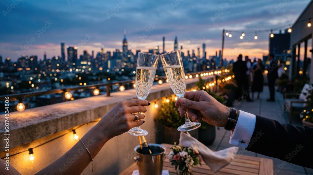 Fototapeta premium Rooftop evening toast with two people clinking champagne flutes overlooking city skyline at dusk, rooftop party social celebration and romantic mood