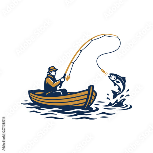 Photography A fisherman catches a large fish from a small wooden boat