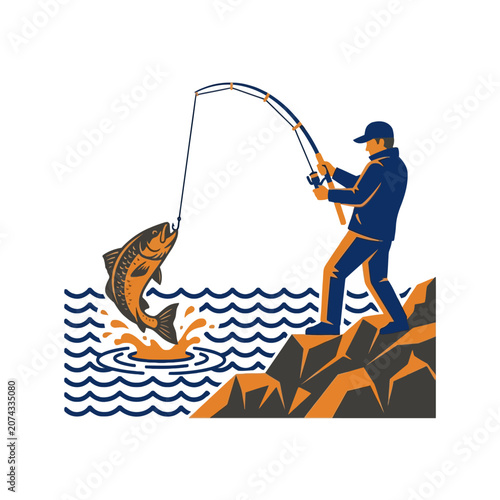 Canvas Print A fisherman catches a large fish from a rocky shore