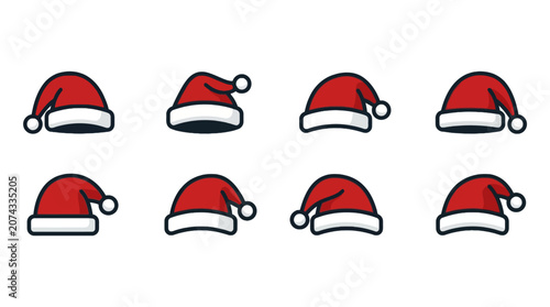Fotografía Set of eight red Santa Claus hats on white background