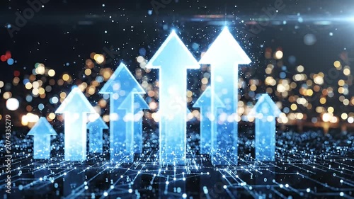 Blue glowing arrows moving up over a dark city background with bokeh lights, representing business growth and success