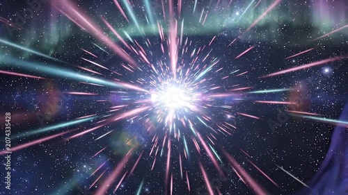 Abstract space warp speed light beams background, galaxy hyperspace jump effect, cosmic star travel tunnel