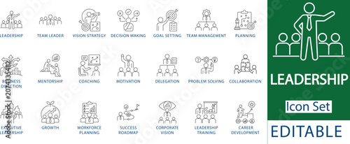 Tableau sur toile leadership and team management line icon set featuring vision strategy, goal setting, business planning, mentorship, collaboration, and career development interface icons