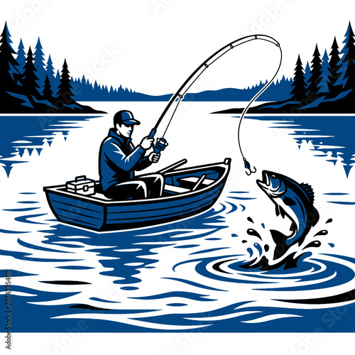 Photography A fisherman catches a large bass from a boat on a lake