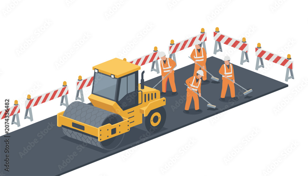 Fototapeta premium Construction workers and heavy machinery rolling asphalt on a road project surrounded by safety barriers and warning cones at a work site.