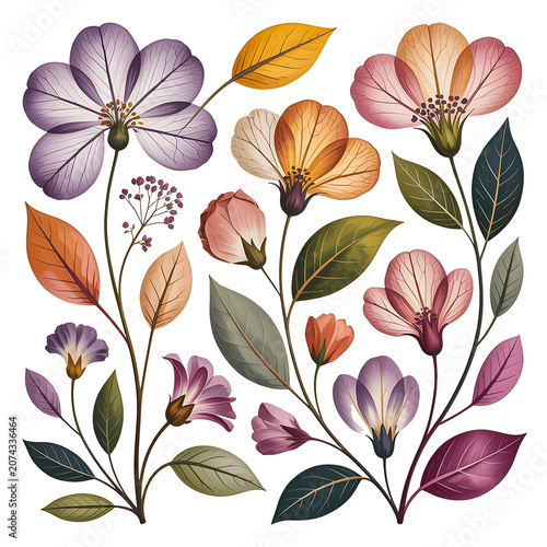Stylized Botanical Artwork Featuring Colorful Flowers and Elegant Leaf Details in Harmonious Composition