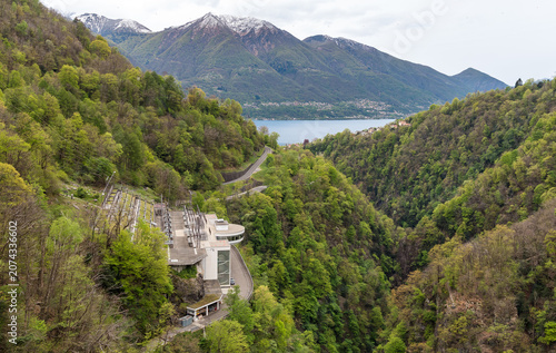 Top view of the Reserve power plant with Lake Vogorno in the background, in the Verzasca Valley, Canton of Ticino, Switzerland.