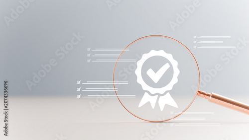 Quality assurance checkmark ribbon medal reflecting inside a magnifying glass on a neutral desk surface for business standards and compliance verification