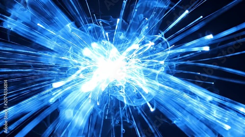 Abstract blue energy explosion with light rays, digital burst effect, data transmission, futuristic technology
