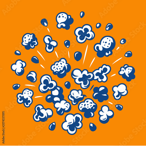 Retro blue and white popcorn illustration on orange background
