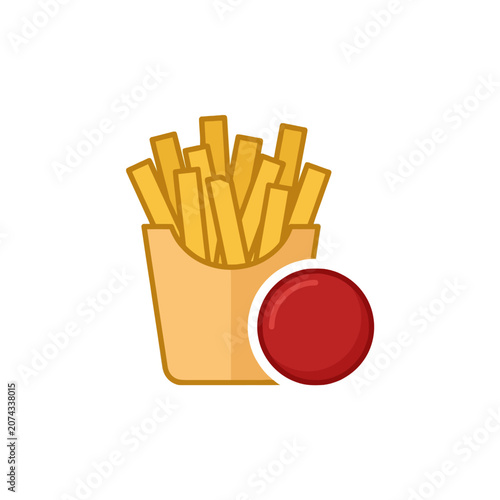 French fries in a paper box with a side of ketchup
