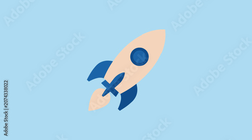 A simple flat rocket ship icon flying on a blue background