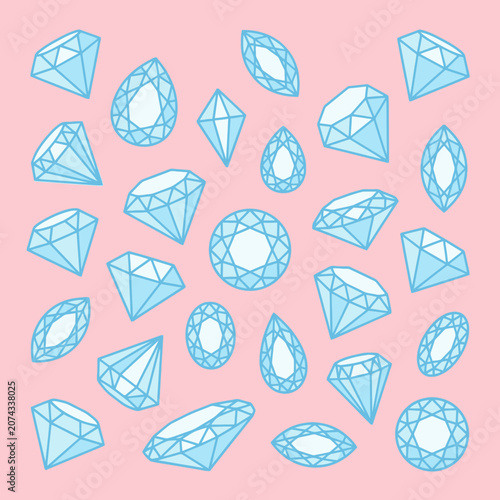 Blue diamond gems scattered on a soft pink background