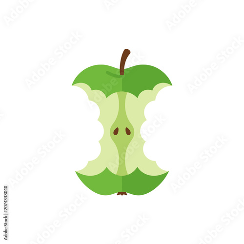 A green apple core with bite marks on a white background