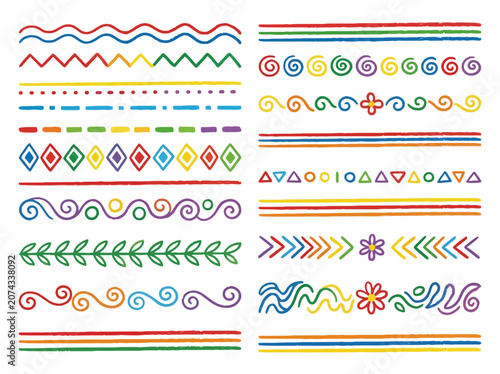 Colorful hand-drawn crayon borders and dividers on white background