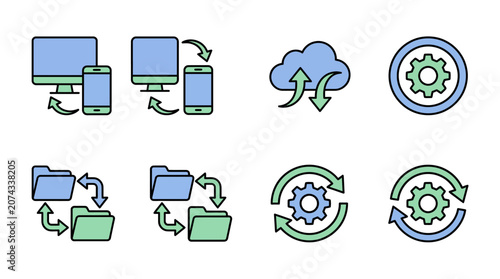 A set of colorful digital technology and data sync icons